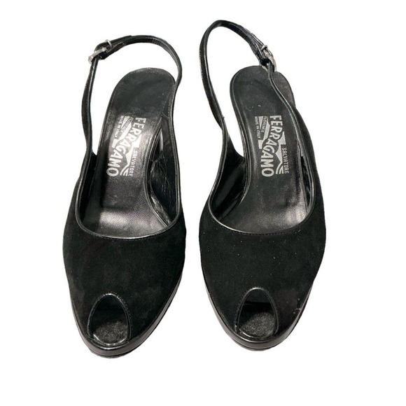 Salvatore Ferragamo Black Suede‎ Peep Toe Slingback Shoes Size 7.5 B Y2K - Picture 1 of 9